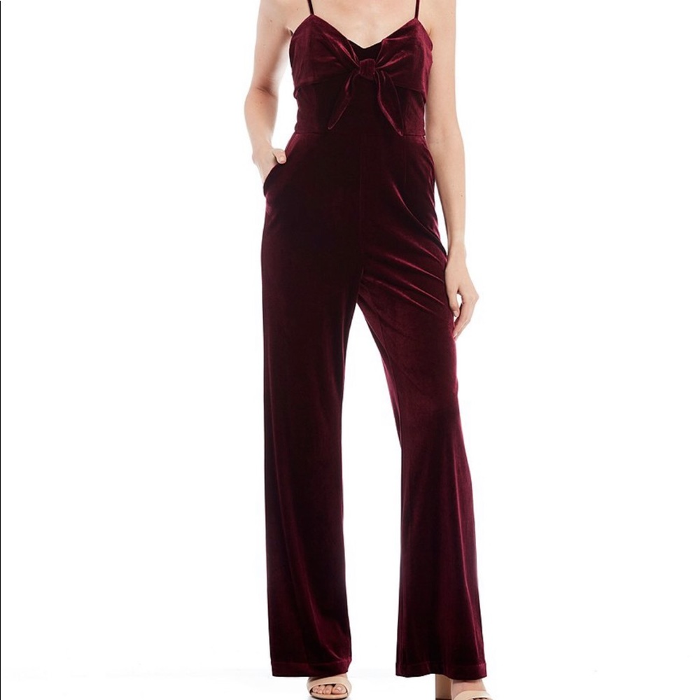 Gianni Bini Red Velvet V-Beck Bow Detail Jumpsuit
